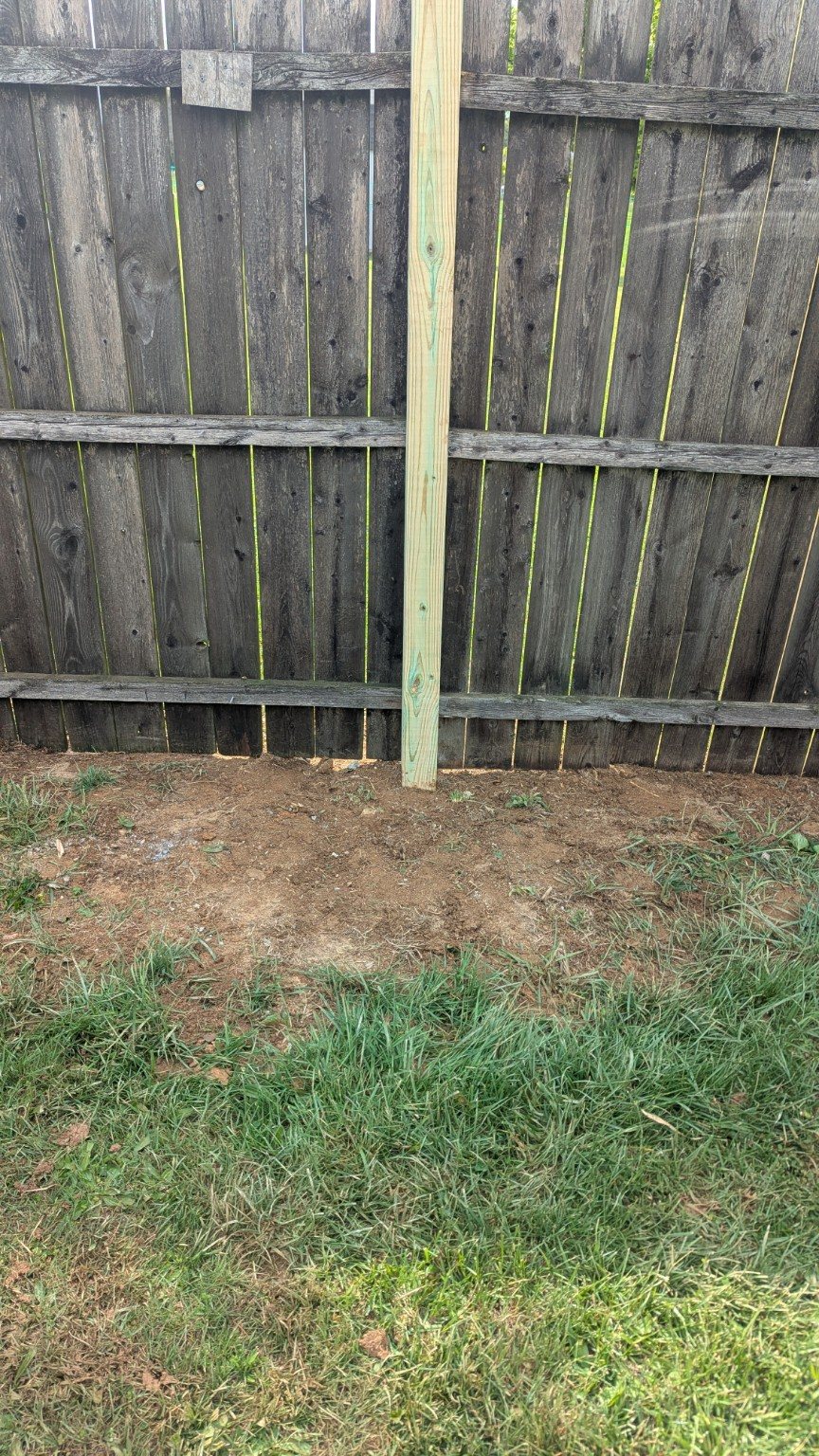 Pressure-treated replacement post added to an older wood fence